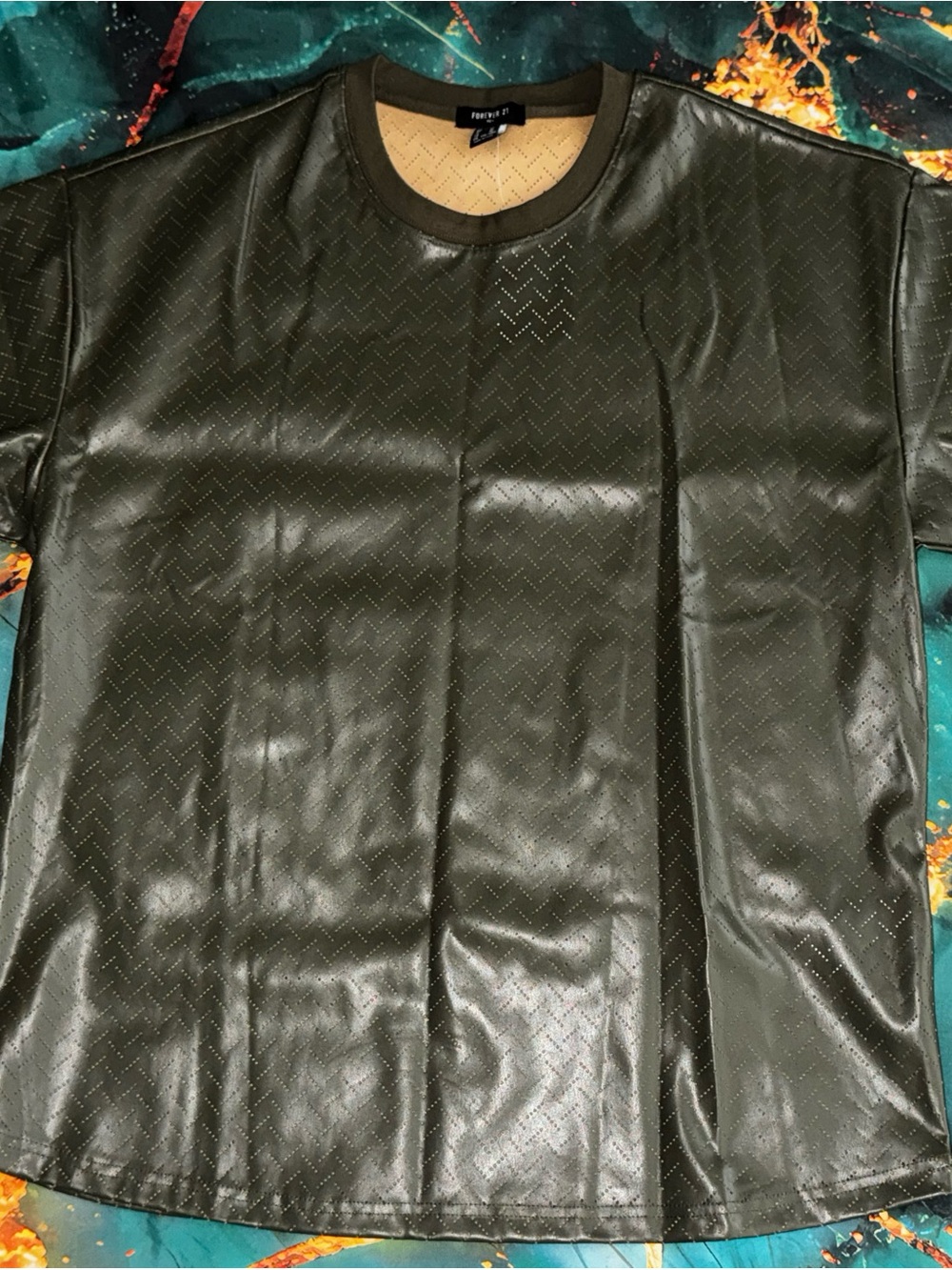 Forever 21 Olive Green Faux Leather Short Sleeve Tee